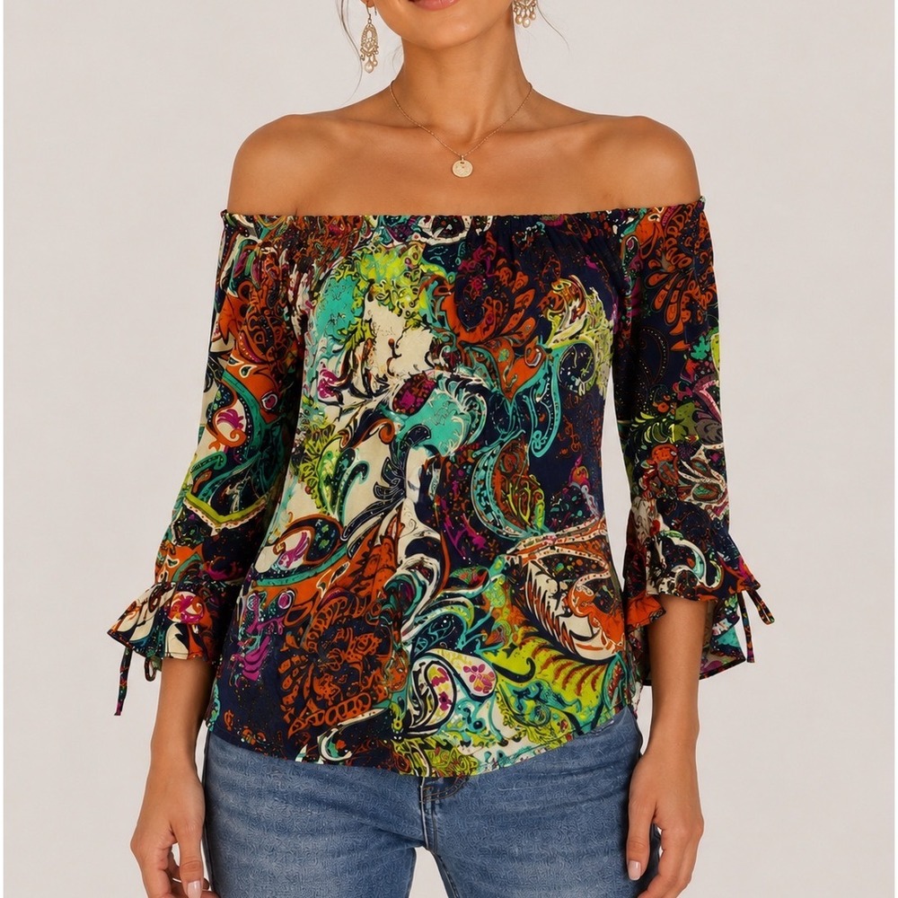 Lady's World Off Shoulder Blouse Stretch Multicolor Paisley Women L Boho Y2K